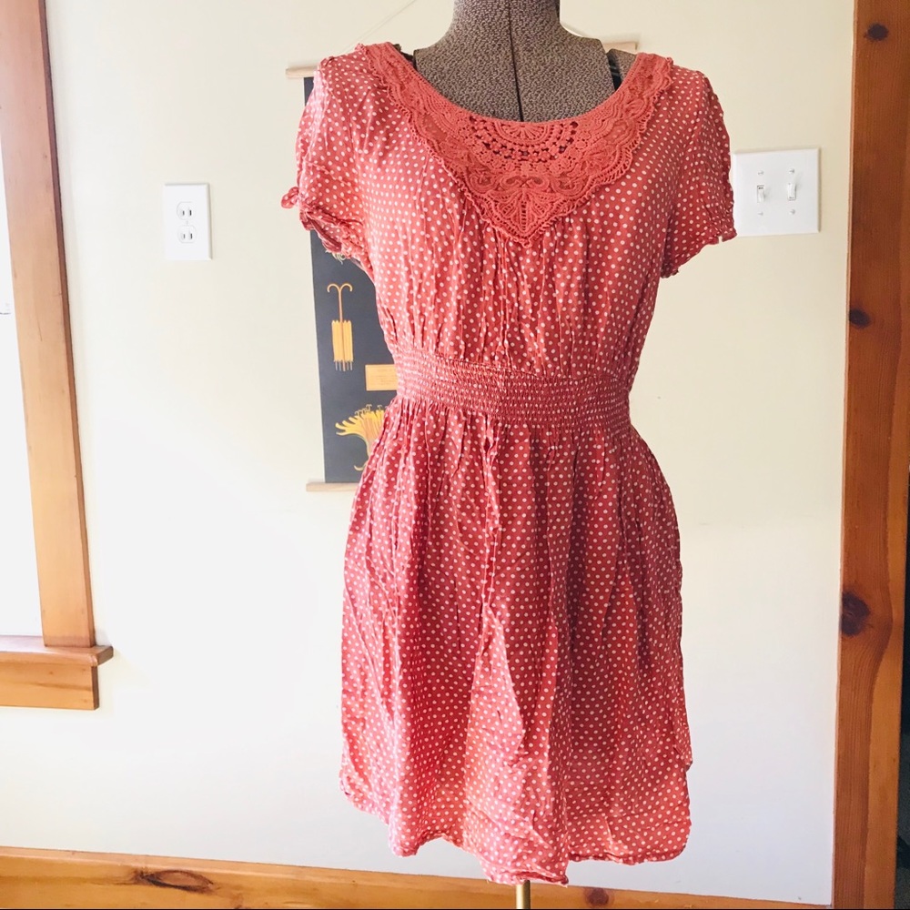 Short Polk-a-dot Salmon Pink Dress with Crochet
